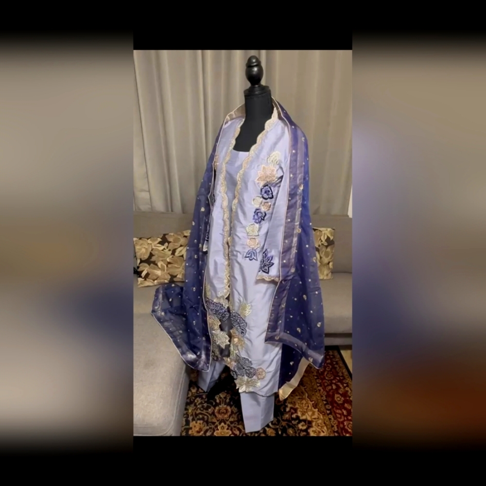 Elegant grey steel Blue Embroidered  Outfit
